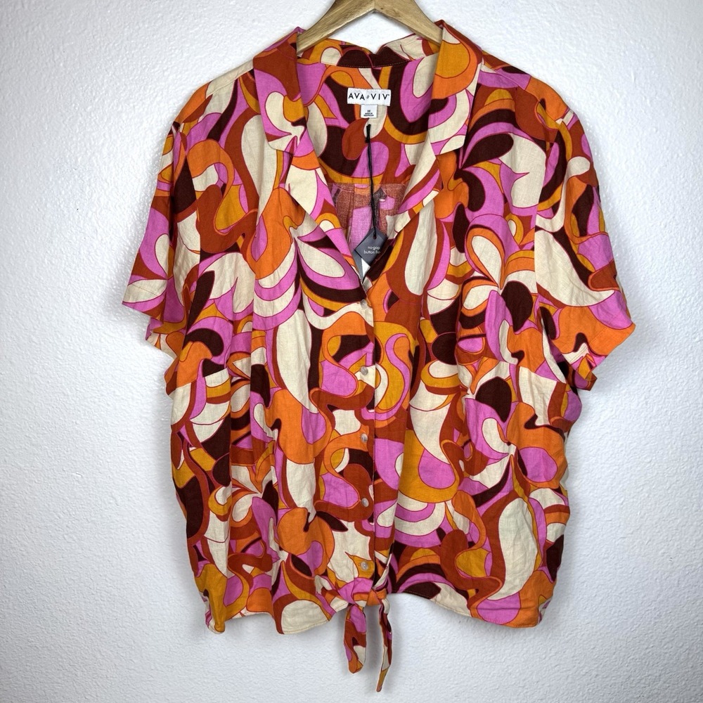Ava And Viv Retro Abstract Button Up Shirt Womens 3X Short Sleeve Groovy Blouse